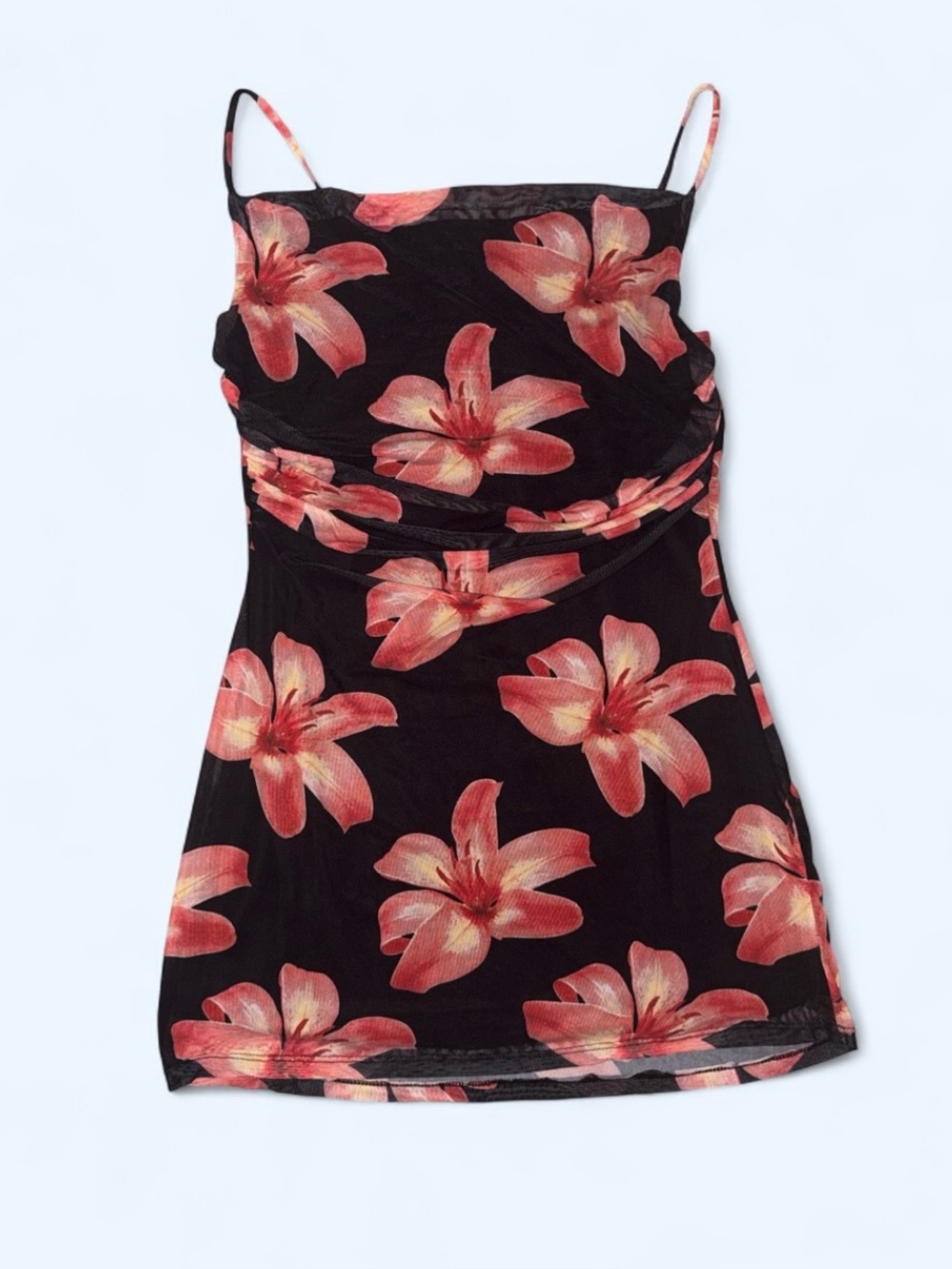 Persaya Floral Black Ruched Mesh Mini Dress NWT - Size XL